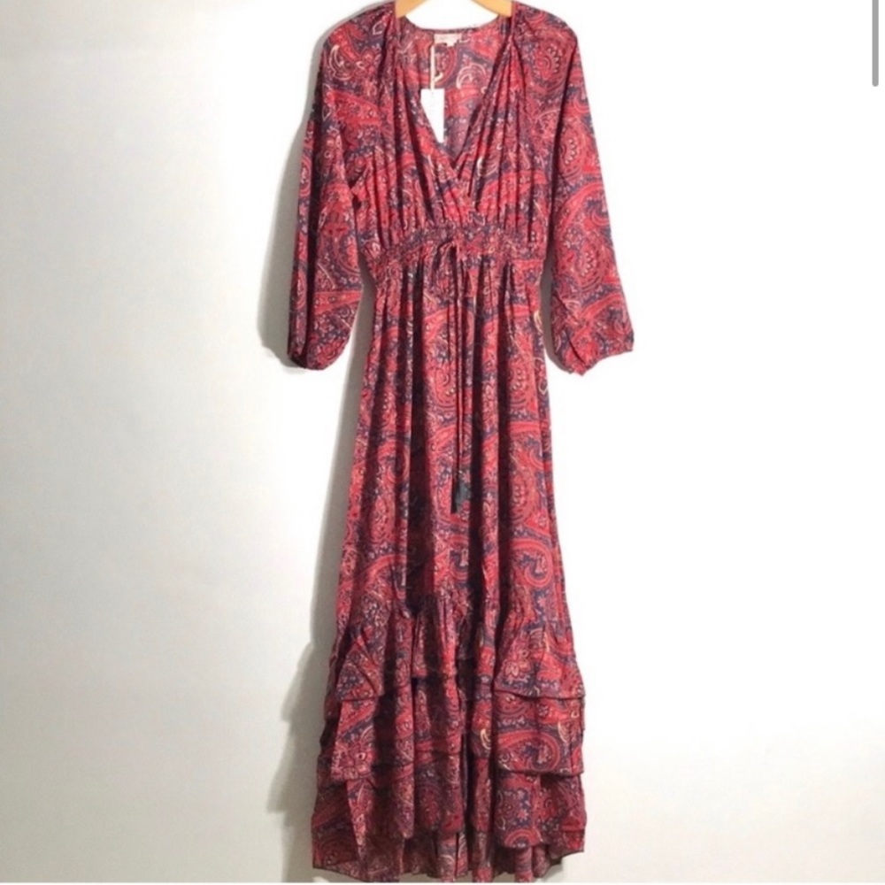 CHAUDRY Red Blue Paisley V-Neck Smocked Waist High Low‎ Maxi Dress L
